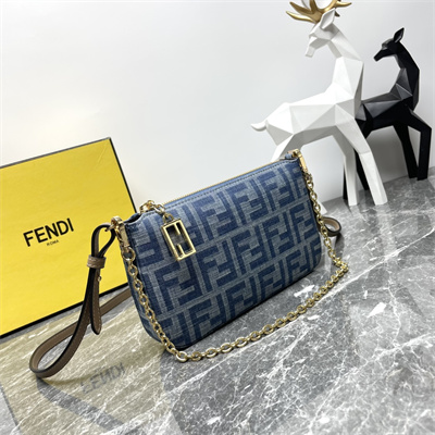 Fen.di Baguette Pouch With Chain Light Blue FF Denim Fabric