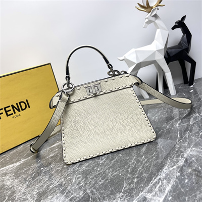 Fen.di Peekaboo ISeeU Petite Cuoio Romano Leather Cream Selleria bag with 306 hand-sewn topstitches