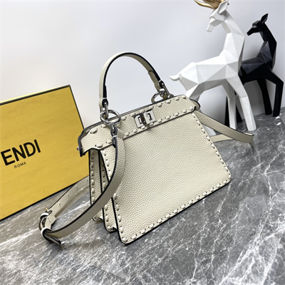 Fen.di Peekaboo ISeeU Petite Cuoio Romano Leather Cream Selleria bag with 306 hand-sewn topstitches