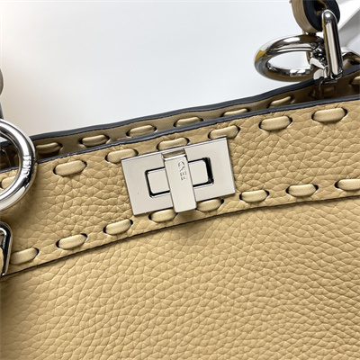 Fen.di Peekaboo ISeeU Petite Cuoio Romano Leather Beige Selleria bag with 306 hand-sewn topstitches