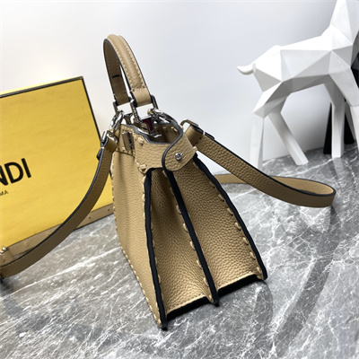 Fen.di Peekaboo ISeeU Petite Cuoio Romano Leather Beige Selleria bag with 306 hand-sewn topstitches