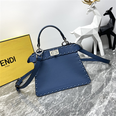 Fen.di Peekaboo ISeeU Petite Cuoio Romano Leather Blue Selleria bag with 306 hand-sewn topstitches
