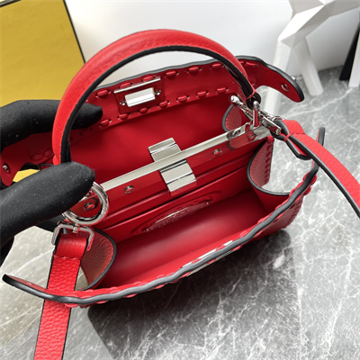 Fen.di Peekaboo ISeeU Petite Cuoio Romano Leather Red Selleria bag with 306 hand-sewn topstitches