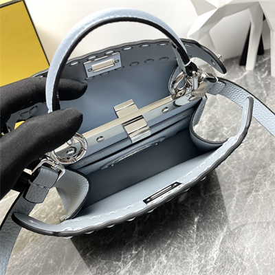 Fen.di Peekaboo ISeeU Petite Cuoio Romano Leather Light Blue Selleria bag with 306 hand-sewn topstitches