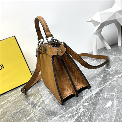 Fen.di Peekaboo ISeeU Petite Cuoio Romano Leather Brown Selleria bag with 306 hand-sewn topstitches