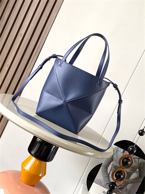 Loewe Mini Puzzle Fold Tote In Shinny Calfskin Anbyss Blue