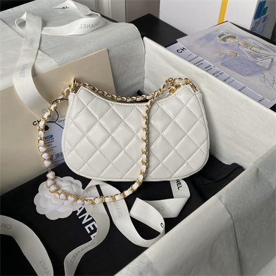 Chanel Hobo Bag Lambskin Gold Tone Metal White AS3786