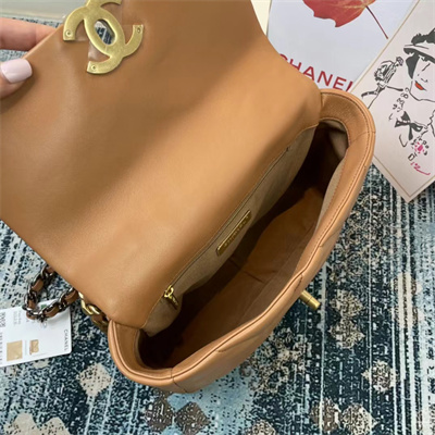 Cha.nel 19 Handbag Lambskin Gold Double C Metal Caramel AS1160