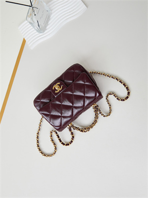 Cha.nel Mini Flap Bag with Top Handle Shiny Lambskin & Gold-Tone Metal Burgundy AS5032