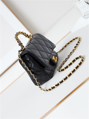 Cha.nel Mini Flap Bag with Top Handle Shiny Lambskin & Gold-Tone Metal Black AS5032