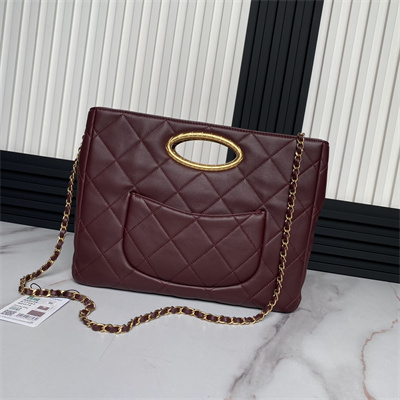 Cha.nel Small Tote Lambskin Burgundy AS5036