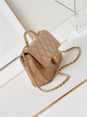 Cha.nel Mini Flap Bag with Top Handle Shiny Lambskin & Gold-Tone Metal Brown AS5043
