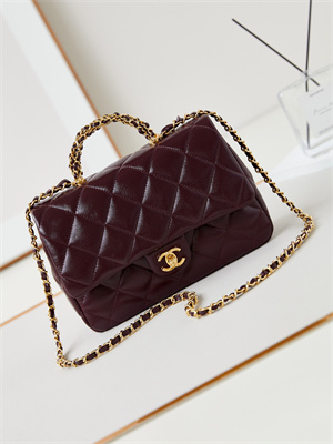 Cha.nel Mini Flap Bag with Top Handle Shiny Lambskin & Gold-Tone Metal Burgundy AS5043