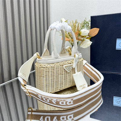 Prada Mini wicker and linen blend tote bag Tan/White 1BG469