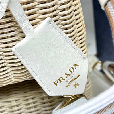 Prada Mini wicker and linen blend tote bag Tan/White 1BG469