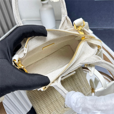 Prada Mini wicker and linen blend tote bag Tan/White 1BG469