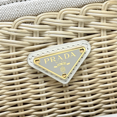 Prada Medium wicker and linen blend tote bag Tan/White 1BG835