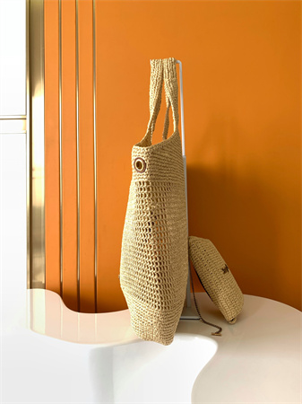 Y.S.L ICARE MAXI SHOPPING BAG IN Raffia Gold Tone Metal