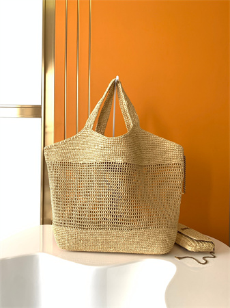 Y.S.L ICARE MAXI SHOPPING BAG IN Raffia Gold Tone Metal