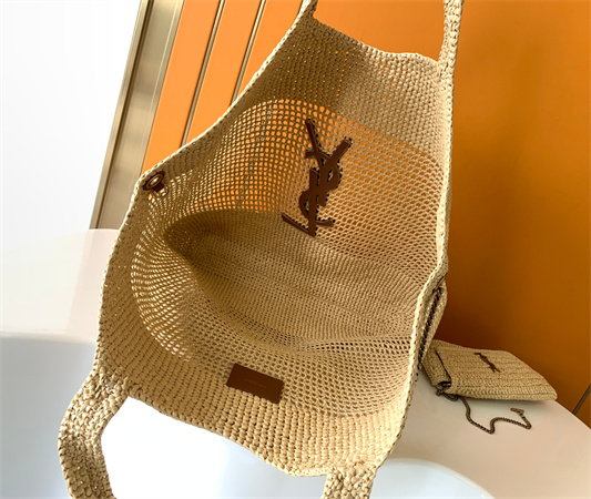 Y.S.L ICARE MAXI SHOPPING BAG IN Raffia Gold Tone Metal
