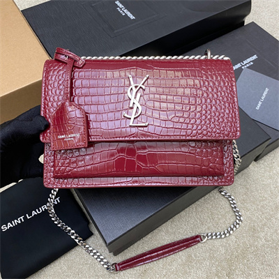 Y.S.L Sunset MEDIUM Bag In Crocodile Embossed Leather Silver Tone Metal Burgundy Color