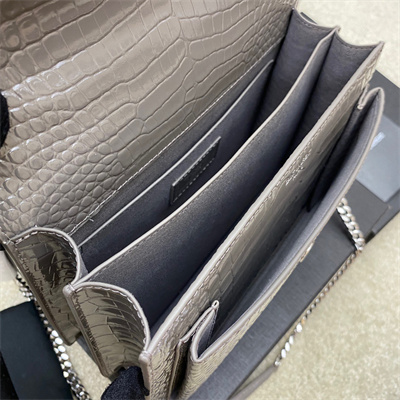 Y.S.L Sunset MEDIUM Bag In Crocodile Embossed Leather Silver Tone Metal Grey Color