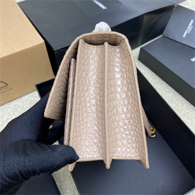 Y.S.L Sunset MEDIUM Bag In Crocodile Embossed Leather Gold Tone Metal Beige Color