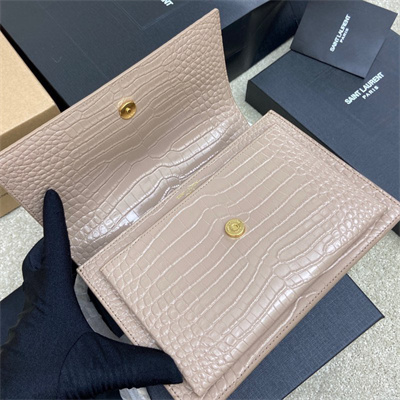 Y.S.L Sunset MEDIUM Bag In Crocodile Embossed Leather Gold Tone Metal Beige Color