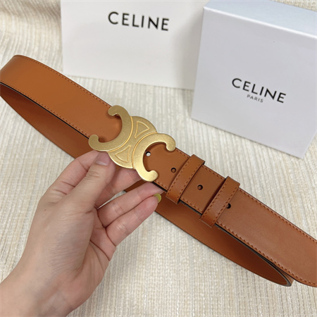 Celine Men’s Triomphe Belt 35MM Calfskin Gold Tone Buckle Brown