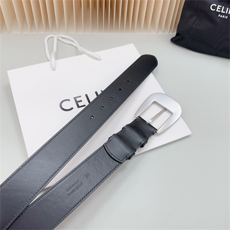 Celine Belt 35MM Calfskin Silver Tone Buckle Black