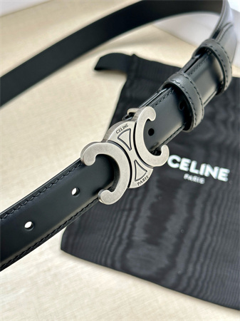 Celine TEEN TRIOMPHE Belt 25MM Calfskin Aged Silver Tone Buckle Black