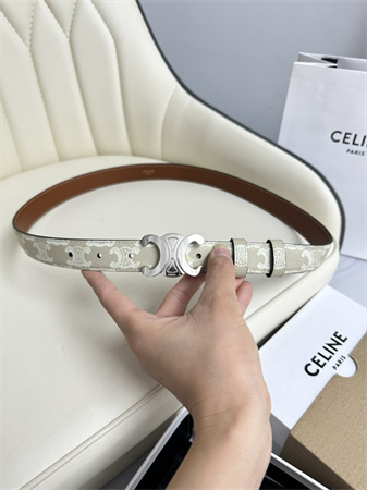 Celine TRIOMPHE Belt 25MM In White TRIOMPHE CANVAS Silver Tone Buckle