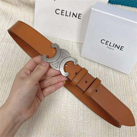 Celine TRIOMPHE Belt 25MM In Calfskin Silver Tone Buckle Brown
