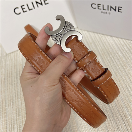 Celine TRIOMPHE Belt 25MM In Embossed Calfskin Aged Silver Tone Buckle Brown