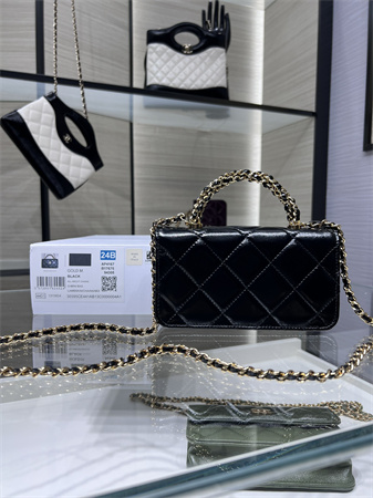 Cha.nel Flap Phone Holder with Chain Shiny Lambskin & Gold-Tone Metal Black AP4167