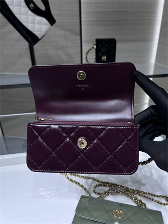 Cha.nel Flap Phone Holder with Chain Shiny Lambskin & Gold-Tone Metal Burgundy AP4167