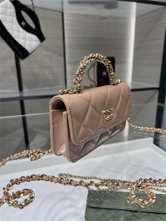 Cha.nel Flap Phone Holder with Chain Shiny Lambskin & Gold-Tone Metal Nude Pink AP4167