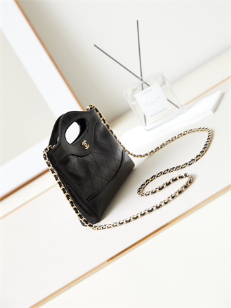 Cha.nel 31 Nano Chain Bag Calfskin Gold Tone Metal Black AS3656