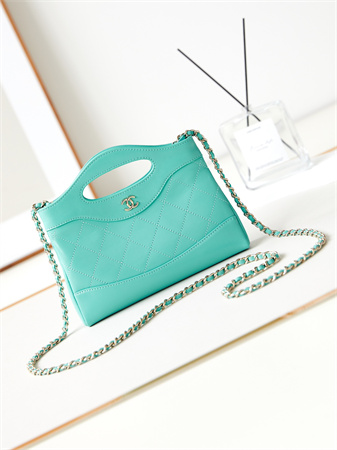 Cha.nel 31 Nano Chain Bag Calfskin Gold Tone Metal Green Blue AS3656