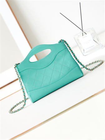 Cha.nel 31 Nano Chain Bag Calfskin Gold Tone Metal Green Blue AS3656