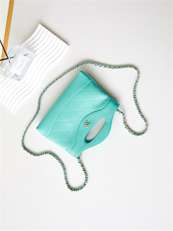 Cha.nel 31 Nano Chain Bag Calfskin Gold Tone Metal Green Blue AS3656