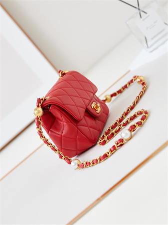Cha.nel Supermini Flap Bag Lambskin Gold Tone Metal Red AS4946