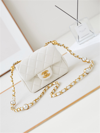 Cha.nel Supermini Flap Bag Lambskin Gold Tone Metal White AS4946