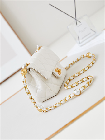 Cha.nel Supermini Flap Bag Lambskin Gold Tone Metal White AS4946