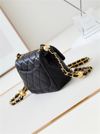 Cha.nel Supermini Flap Bag Lambskin Gold Tone Metal Black AS4946