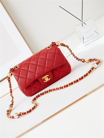Cha.nel Mini Flap Bag Lambskin Gold Tone Metal Red AS4947