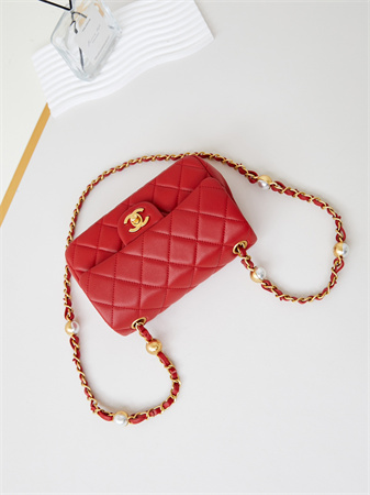Cha.nel Mini Flap Bag Lambskin Gold Tone Metal Red AS4947
