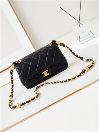 Cha.nel Mini Flap Bag Lambskin Gold Tone Metal Black AS4947