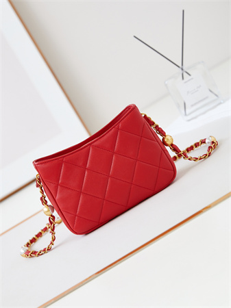 Cha.nel Small Shoulder Bag Lambskin Gold Tone Metal Red AS4948