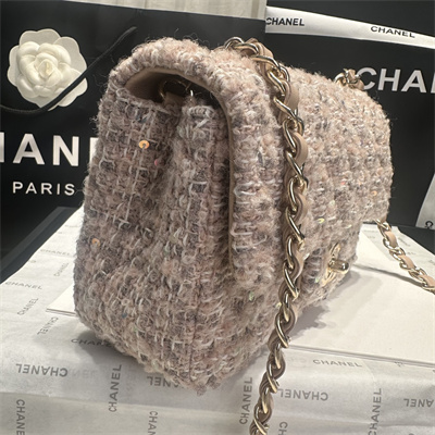 Cha.nel Mini Classic Flap Bag Tweed With Sequin Gold Tone Metal Pink